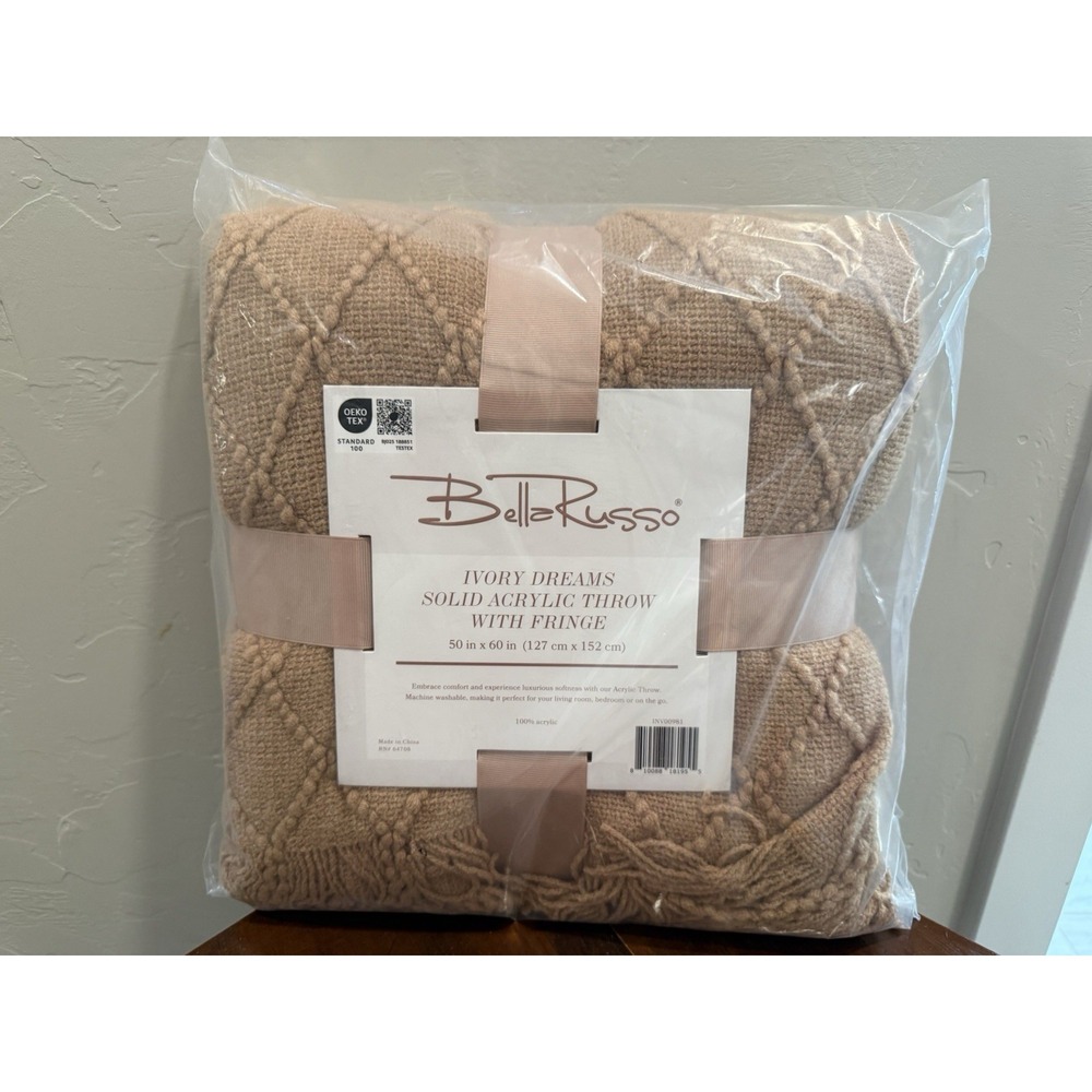 New Bella Russo Ivory Dreams Solid Acrylic Throw Blanket With Fringe 50x60 NWT